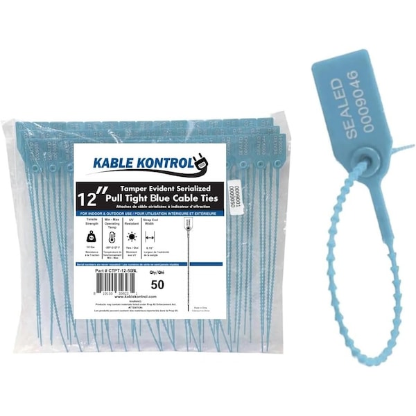 Kable Kontrol Pull Tight Cable Zip Tie Seals, Numbered Tamper Evident, 12in L, 50 Lbs Strength, 50Pcs, Blue, 50PK CTPT-12-50-BL - main