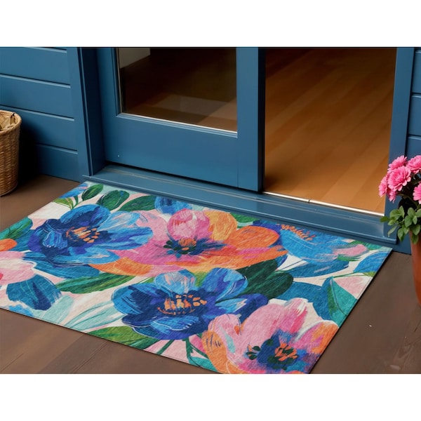 Homeroots 3' X 5' Navy Blue And Sky Blue Floral Washable Indoor Outdoor Area Rug 611071 - main