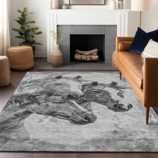 Homeroots 9' X 12' Gray And Silver Horse Washable Indoor Outdoor Area Rug 618677 - main