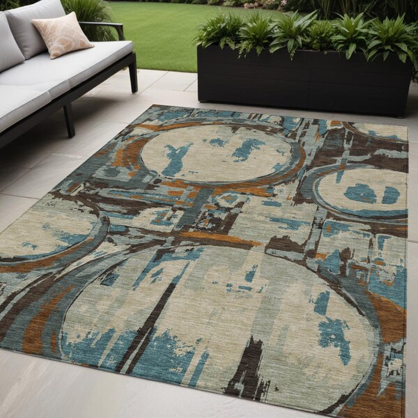 Homeroots 5' X 8' Beige Brown And Copper Geometric Washable Indoor Outdoor Area Rug 589369 - main