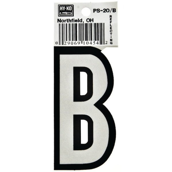 Hy-Ko Reflective Letter, Character: B, 3-1/4 in H Character, Black/White Character, Vinyl PS-20/B - main