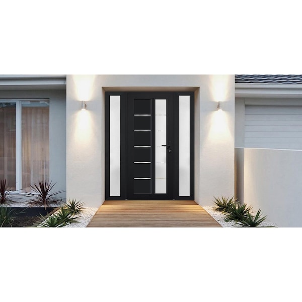 Vdomdoors Front Exterior Prehung FiberGlass Door Frosted Glass / Manux 8088 Matte Black / 2 Sidelight Exterio MANUX8088EXD-BLK-W14+36+14 x H80-LH - main