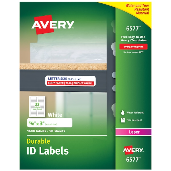 Avery Laser Label, 3 in Label W, 5/8 in Label H, 32 Labels per Sheet White 727826577 - main