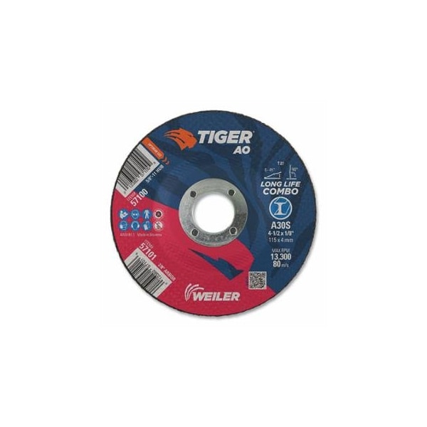 Weiler Tiger AO Type 27 Cut/Grind Combo Wheel, 4-1/2 in dia x 1/8 in Thick, 7/8 in dia Arbor, A30S, 25PK 804-57101 - main