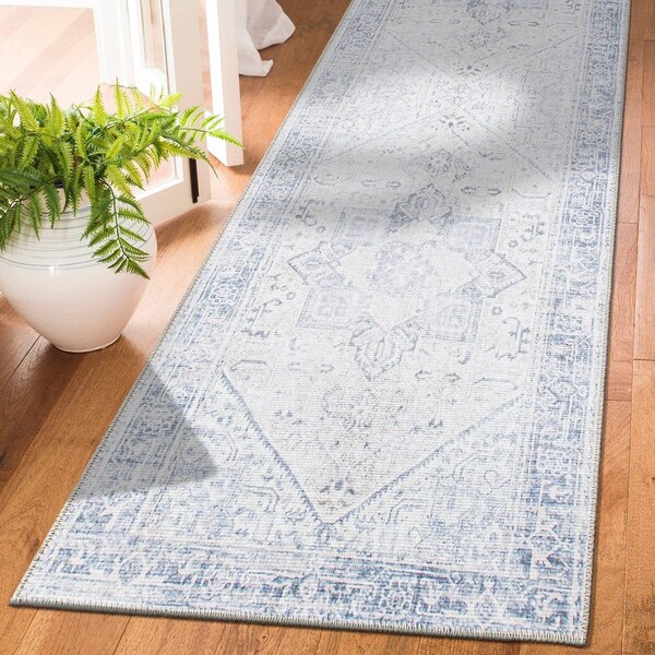 World Rug Gallery Medallion Boho Machine Washable Runner Rug 20 ft x 60 ft Blue 5054BLUE20X60 - main