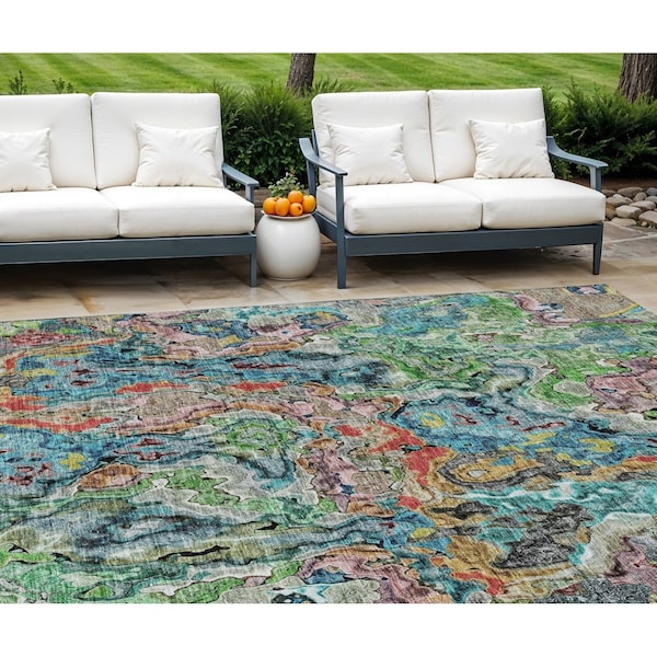 Homeroots 10' X 14' Orange And Teal Blue Abstract Washable Indoor Outdoor Area Rug 588461 - main