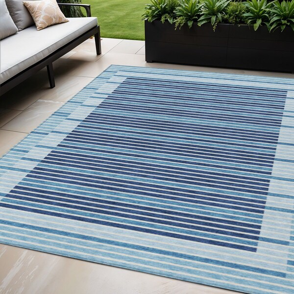 Homeroots 5' X 8' Sky Blue And Denim Blue Striped Washable Indoor Outdoor Area Rug 610505 - main