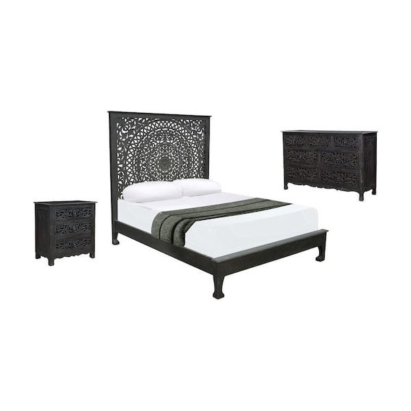 Homeroots Three Piece Black Solid Wood Bedroom Set 643647 - main