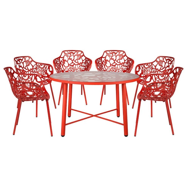 Leisuremod Devon 7-Piece Aluminum Patio Dining Set, Tempered Glass Top Table & 6 Stackable Arm Chairs, Red DT48CAR6 - main