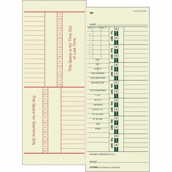 Tops Business Forms TOPS, Time Card For Acroprint/simplex, Weekly, Two-Sided, 3 1/2 X 9, 500PK 1257 - main
