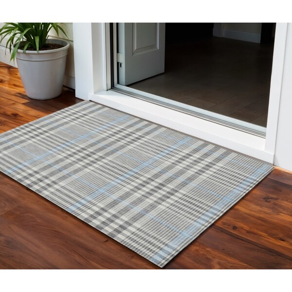 Homeroots 3' X 5' Gray Blue And Beige Plaid Washable Indoor Outdoor Area Rug 601482 - main