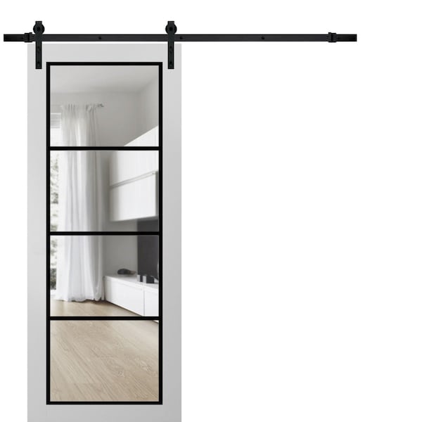 Sartodoors Sturdy Barn Door Clear Tempered Glass, Lucia 2466 White Silk and Aluminum Strips, 6.6FT Black Rail LUCIA2466BD-B-WS-30 x 96 - main