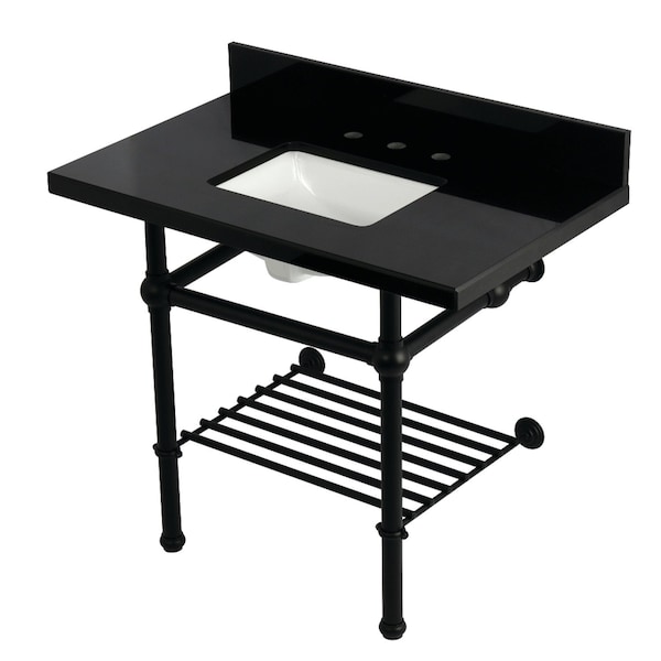Kingston Brass 36" Black Granite Console Sink with Brass Legs and Shelf, 8-Inch, 3-Hole, Black Granite/Matte Black KVPK3630KBSQB0 - main