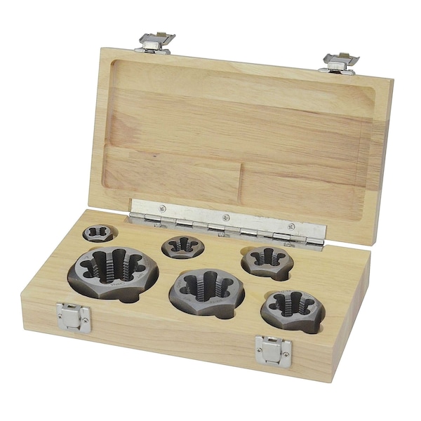 Drill America 6 Piece NPT Carbon Steel Hex Pipe Die Set 1/8" 1/4" 3/8" 1/2" 3/4" and 1" in Wooden Case DWTHXNPT-SET - main
