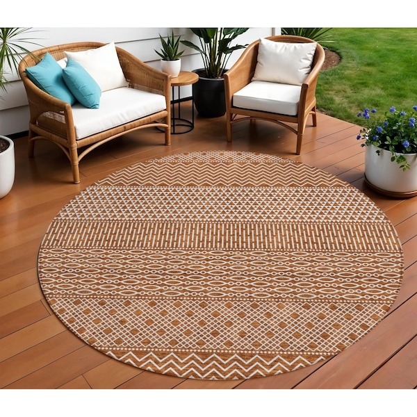 Homeroots 8' Orange And Ivory Round Chevron Washable Indoor Outdoor Area Rug 612288 - main