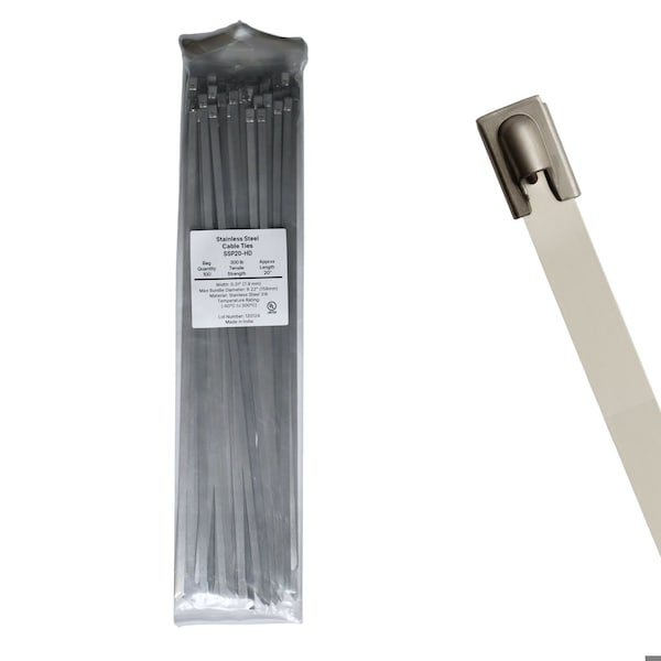Cable Ties Unlimited Cable Tie, 20 in L, 300 lb Strength, 5.8 in Max Bundle Dia, 316 Stainless Steel, Silver, 100PK SSP20-HD - main