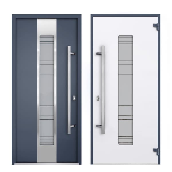 Vdomdoors Steel Door Deux 0757 Gray Graphite 2 Sidelight Exterior Windows Stainless Inserts Single Modern Pai DEUX0757EXD-GRE-W16+36+16 x H80-Right-hand Inswing - main