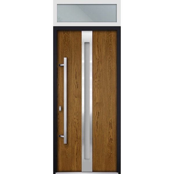 Vdomdoors Steel Door Deux 1744 Natural Oak Transom White Window Stainless Inserts Single Modern Painted-W36xH DEUX1744EXD-OAKW-W36 x H80+16-Right-hand Inswing - main