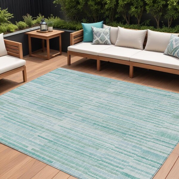 Homeroots 9' X 12' Turquoise And Pale Aqua Striped Washable Indoor Outdoor Area Rug 631573 - main