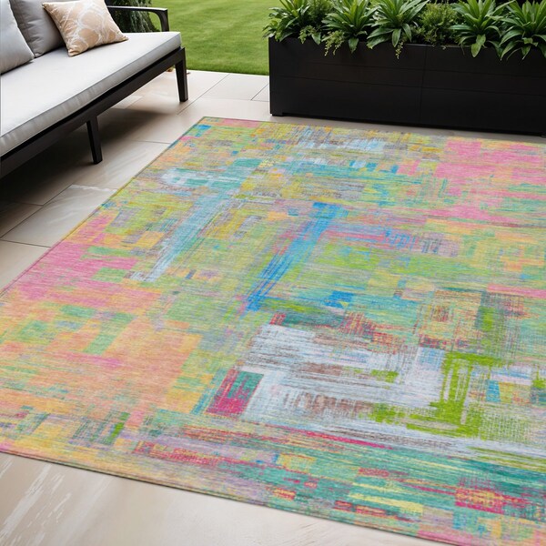 Homeroots 5' X 8' Pink Key Lime And Sky Blue Abstract Washable Indoor Outdoor Area Rug 609215 - main