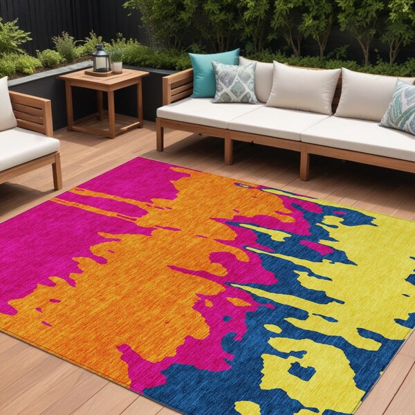Homeroots 9' X 12' Pink Orange And Blue Abstract Washable Indoor Outdoor Area Rug 613642 - main