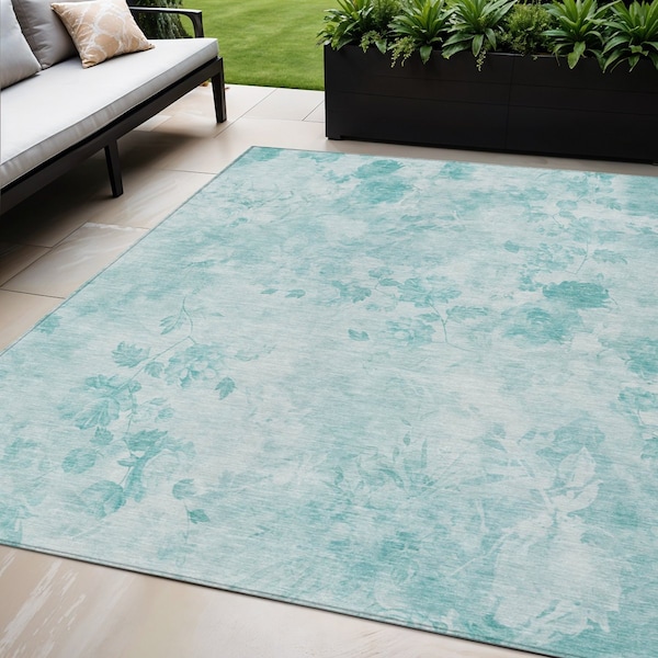 Homeroots 5' X 8' Aqua Teal Blue And Ivory Floral Washable Indoor Outdoor Area Rug 583095 - main