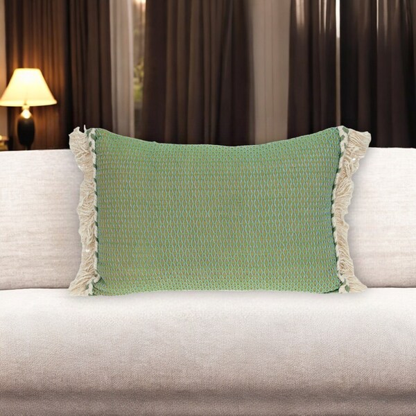 Homeroots 14" X 20" Green And Beige Cotton Lumbar Throw Pillow with Embroidery and Fringe 529186 - main