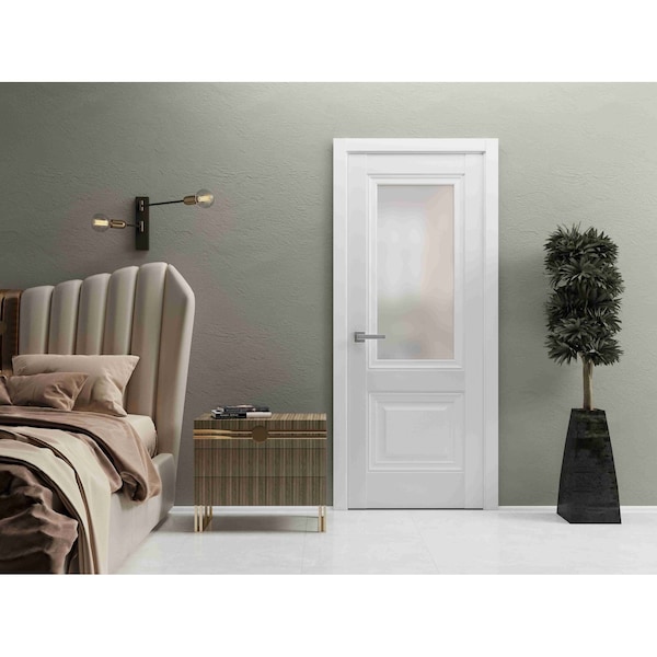 Sartodoors Solid French Door 32 x 96in, White Silk W/ Frosted Glass, Single Regular Panel Frame Trims Handle LUCIA8822ID-WS-3296 - main