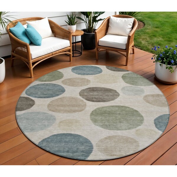 Homeroots 8' Khaki Fern Green And Teal Blue Round Geometric Washable Indoor Outdoor Area Rug 630581 - main