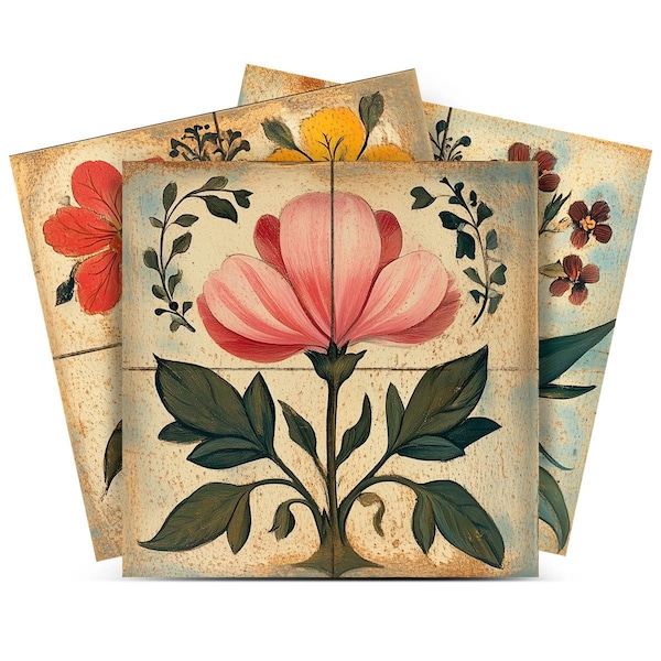 Homeroots 12" x 12" Pink And Green Vinyl Arabesque Peel And Stick Removable Tiles 572046 - main