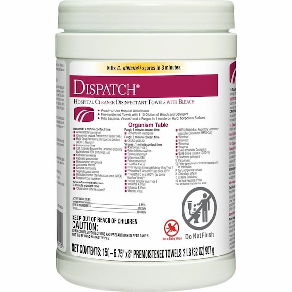 Dispatch Disinfecting Wipes, 7 x 8", 150 Wipes, PK8 69150 - main