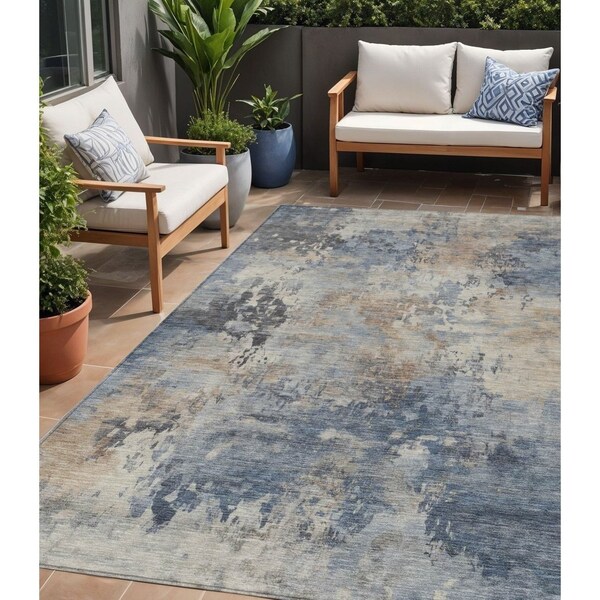 Homeroots 5' X 8' Denim Blue Beige And Charcoal Abstract Washable Indoor Outdoor Area Rug 630874 - main