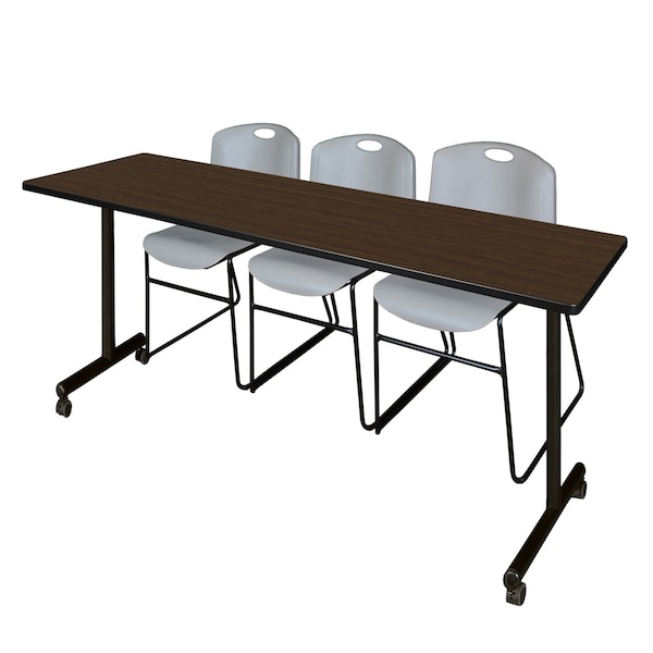 Regency Kobe Mobile T-Base Training Table W/ 2 Zeng Stack Chairs, 84 in W, 24 in L, Neo Walnut MKTRCC8424NW44GY - main