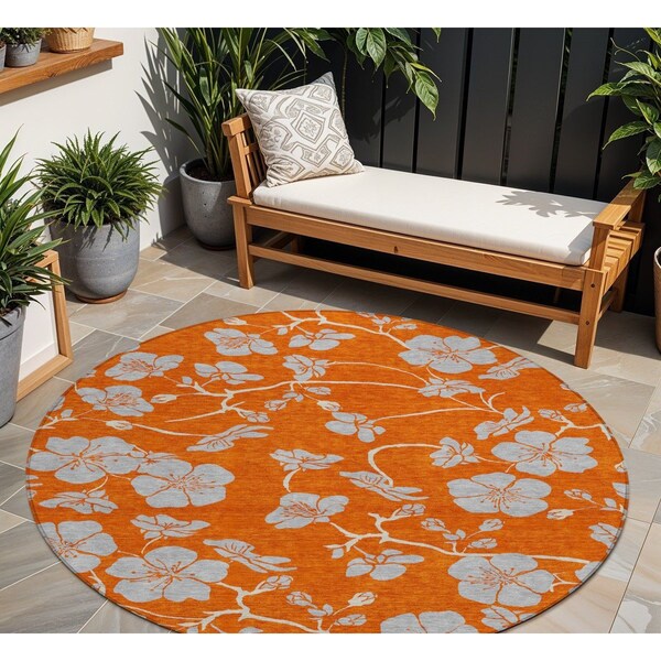 Homeroots 8' Orange And Gray Round Floral Washable Indoor Outdoor Area Rug 600032 - main