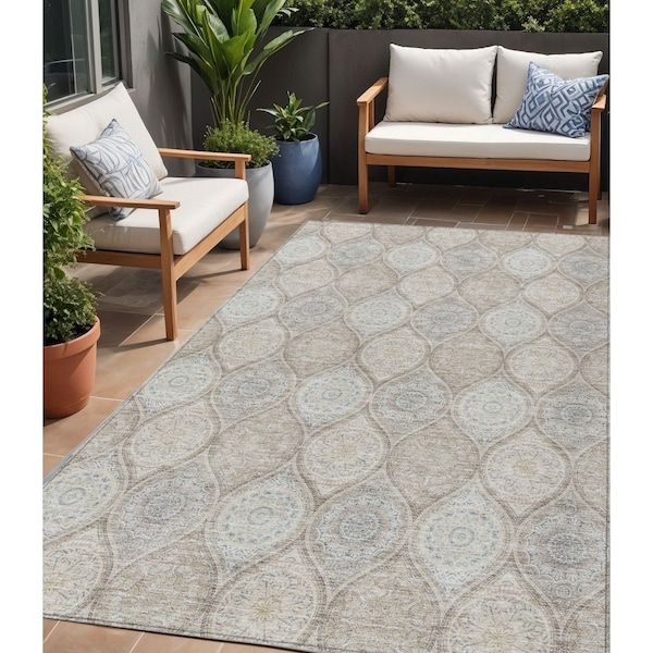 Homeroots 5' X 8' Taupe Beige And Khaki Floral Medallion Washable Indoor Outdoor Area Rug 614636 - main