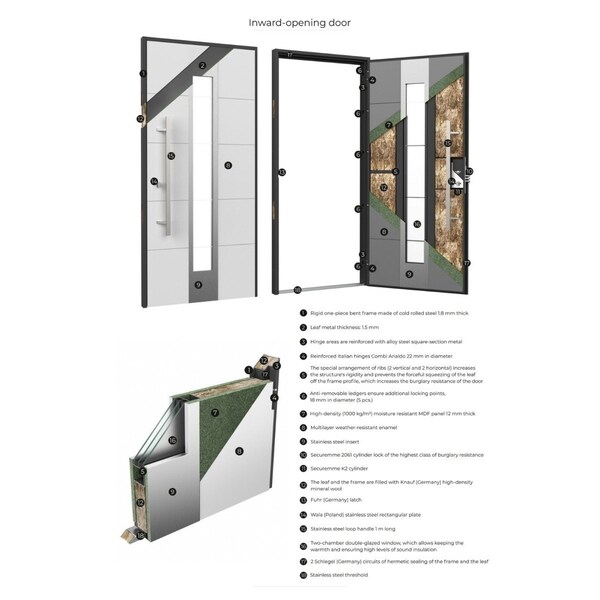 Vdomdoors Steel Door Deux 6500 Black Stainless Inserts Single Modern Painted DEUX6500EXD-BLK-W36 x H80-Right-hand Inswing - main
