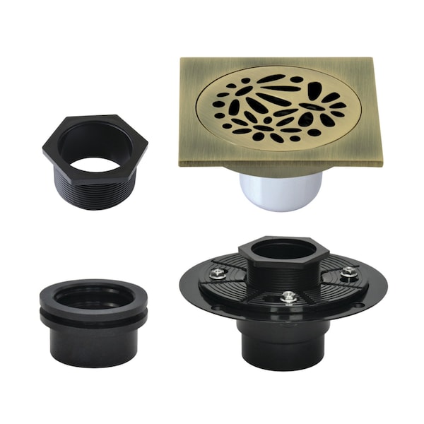 Kingston Brass 4" Brass Square Grid Shower Drain with Hair Strainer and Base Flange, Antique Brass BSFK6360AB - main
