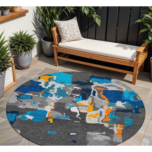 Homeroots 8' Charcoal Copper And Teal Blue Round Abstract Washable Indoor Outdoor Area Rug 599546 - main