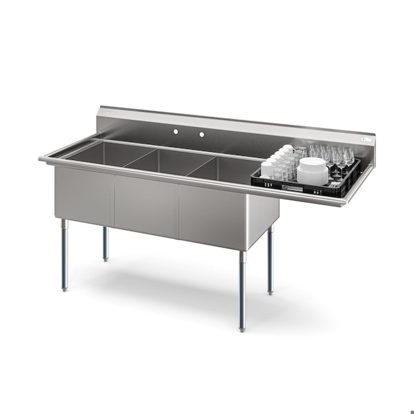 Koolmore 81 in. Three Compartment Sink Bowl Size 18x24x14 Stainless-Steel 18 Gauge with Right Drainboard KM-SC182414-24R3 - main
