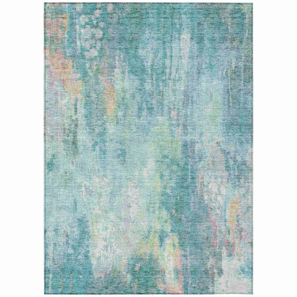 Homeroots 8' X 10' Teal Blue Peach And Ivory Abstract Washable Indoor Outdoor Area Rug 615887 - main