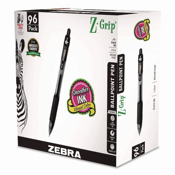 Zebra Pen Z-Grip Ballpoint Pen, Retractable, Medium, 1 mm, Black Ink, Clear/Black Barrel, 96PK 22196 - main