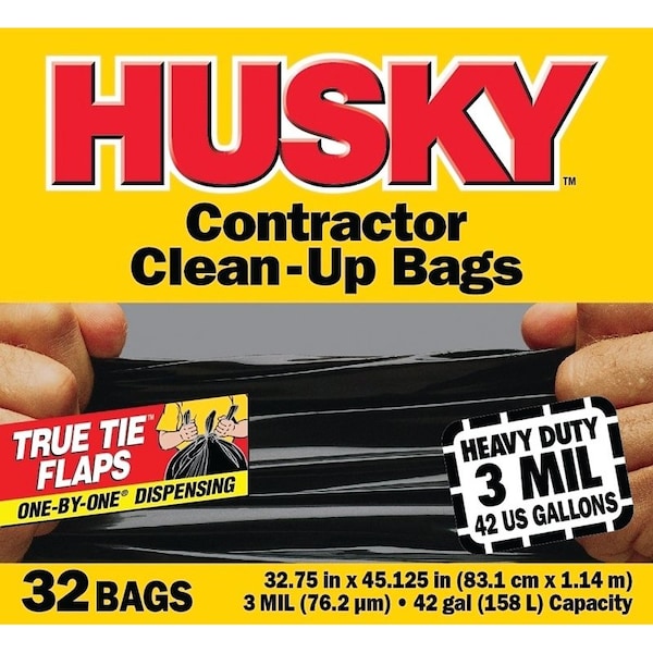 Husky Contractor Trash Bags, 42 gal, 32.75 in x 45.125 in, 3 mil, Heavy Duty, Black, 32 Pack HC42WC032B - main