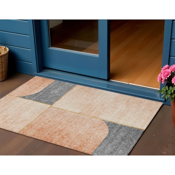 Homeroots 3' X 5' Coral Peach And Gray Abstract Washable Indoor Outdoor Area Rug 582896 - main