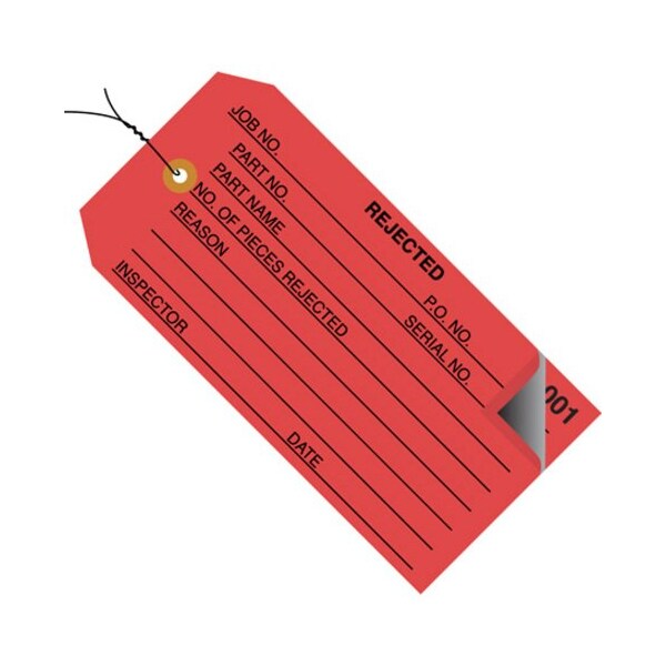 Box Packaging 2 Part Inspection Tags, "Rejected", Pre Wired, #5, 4-3/4"L x 2-3/8"W, Red, 500/Pack G21023 - main
