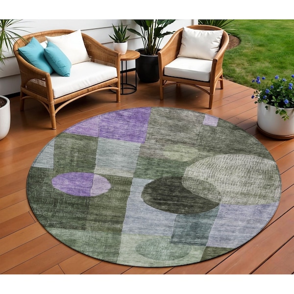 Homeroots 8' Olive Green Charcoal And Purple Round Geometric Washable Indoor Outdoor Area Rug 604338 - main