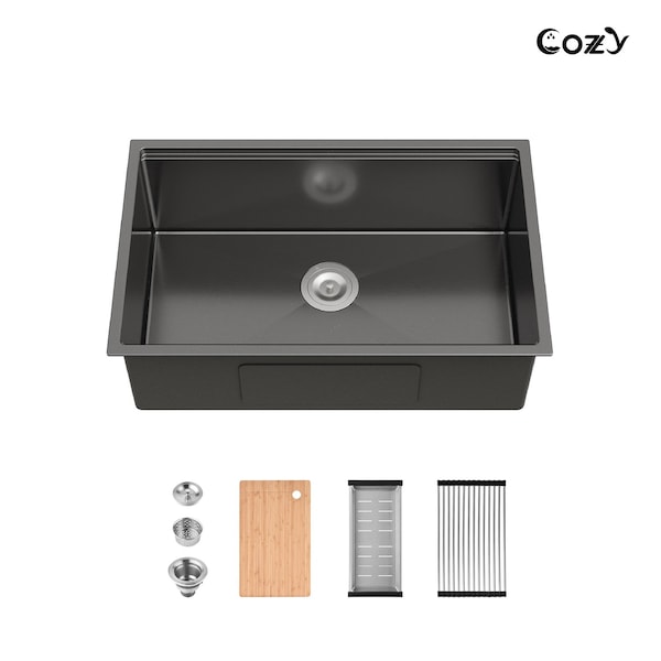 Wrightmaster 30 in. Undermount Single Bowl 20 Gauge Black Stainless Steel Kitchen Sink with Drain ZOR-BL07D301908 - main