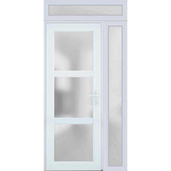 Vdomdoors Front Exterior Prehung FiberGlass Door Frosted Glass / Manux 8552 White Silk / Sidelight and Transo MANUX8552EXD-WS-W30+12 x H80+14-RH - main
