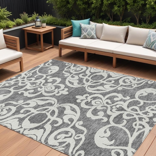 Homeroots 8' X 10' Gray And Ivory Damask Washable Indoor Outdoor Area Rug 614434 - main