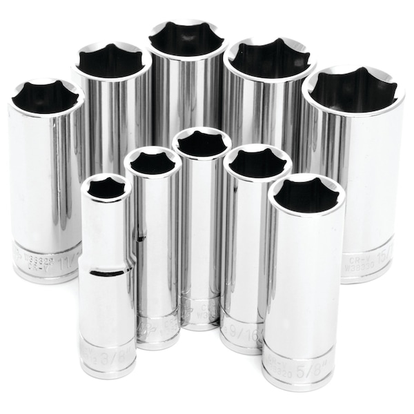 Performance Tool 10 pc. 3/8 in. Dr. SAE Deep Socket Set, Plastic Rail, Corrosion Resistant W38300 - main