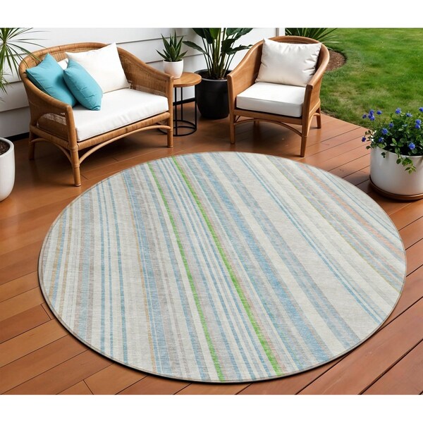 Homeroots 8' Ivory Blue And Green Round Striped Washable Indoor Outdoor Area Rug 614991 - main